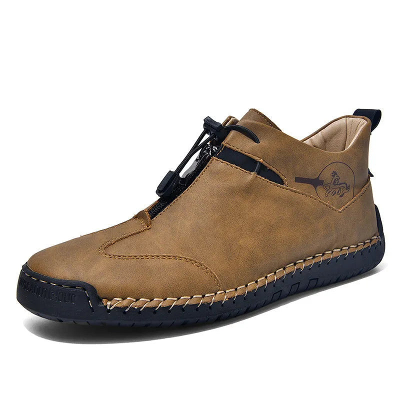 Men's green casual leather shoes with a round pointed toe and a mid-heel for height increase.
