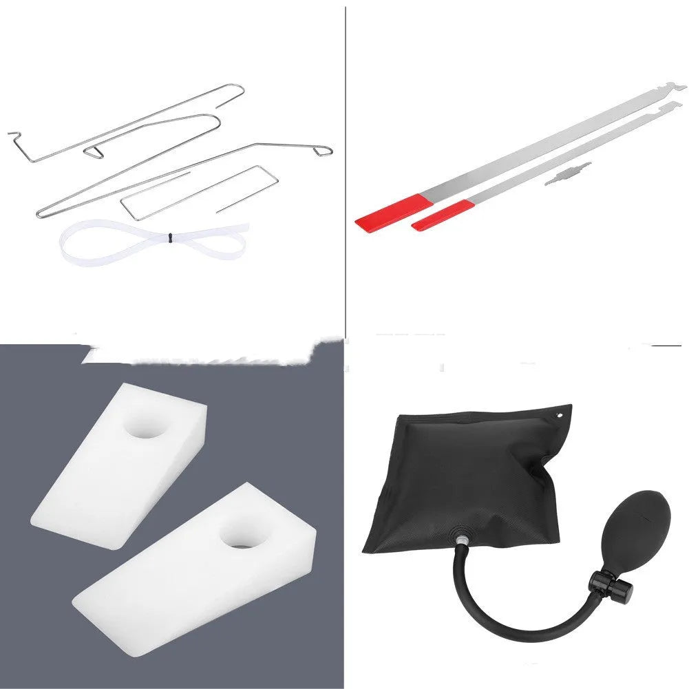 9-piece automotive emergency tool set with plastic wedges, crowbars and air pump wedge