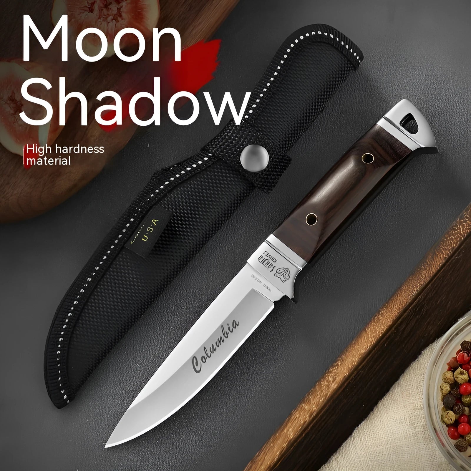 Camping multifunctional portable fruit knife with stainless steel blade and leather case