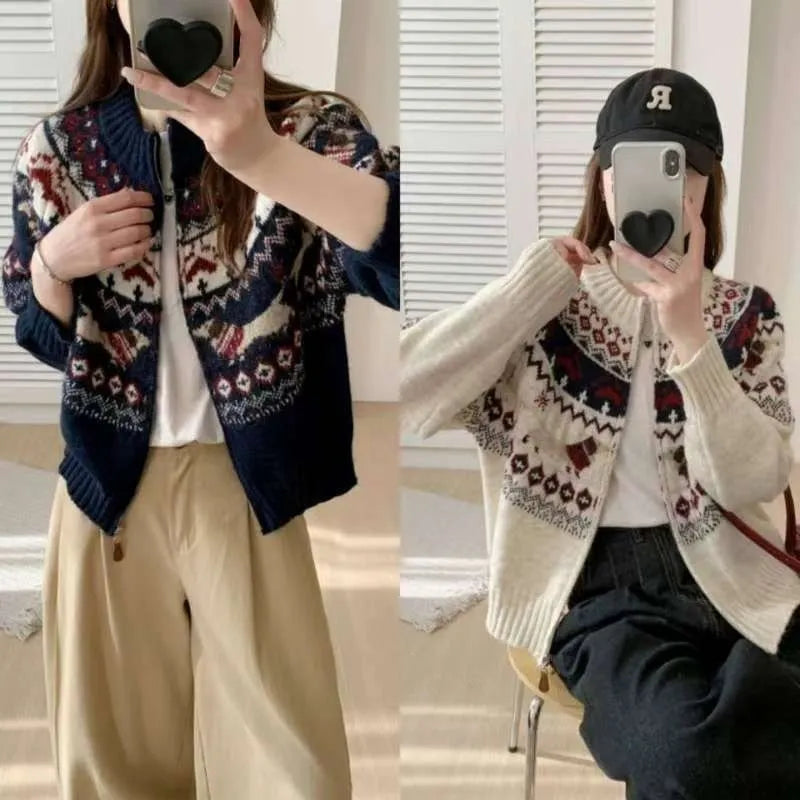 Ethnic style jacquard pullover sweater with 3D pattern in beige apricot colour showing loose fit and round neck
