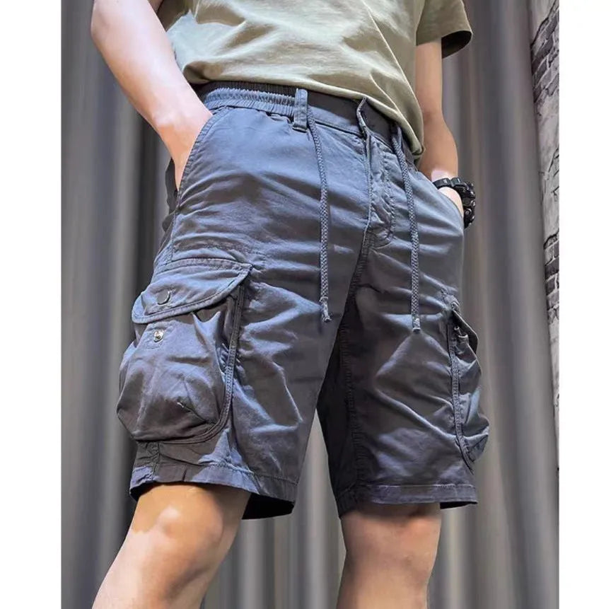 Korean style loose straight overalls trousers with multiple pockets in micro-elastic polyester
