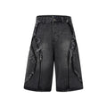 Distressed denim shorts with raw edge hem in light blue, laid flat to show straight leg cut.