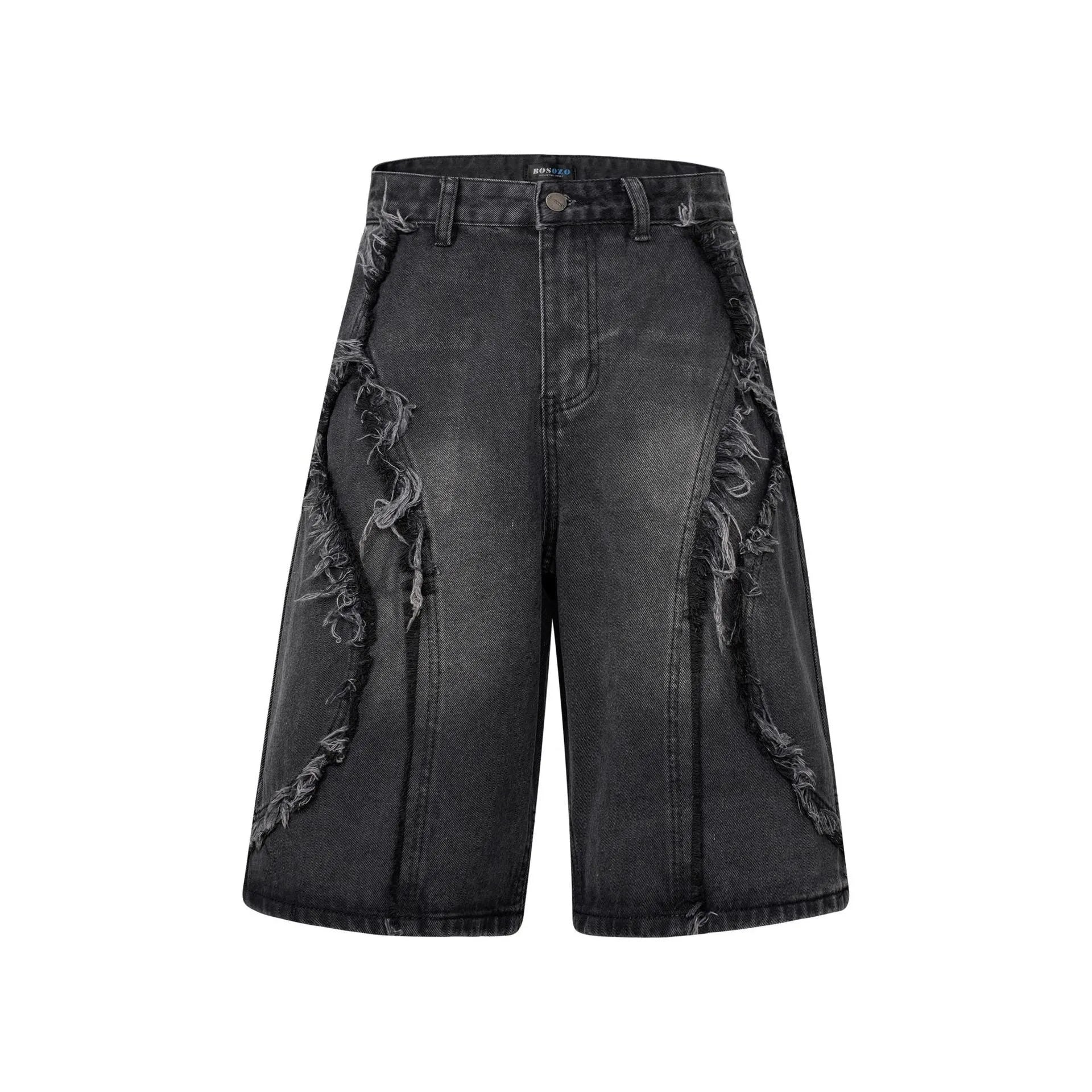 Distressed denim shorts with raw edge hem in light blue, laid flat to show straight leg cut.