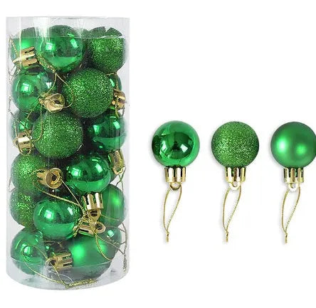 Assorted 3cm diameter electroplated plastic Christmas balls stored in a tall plastic barrel