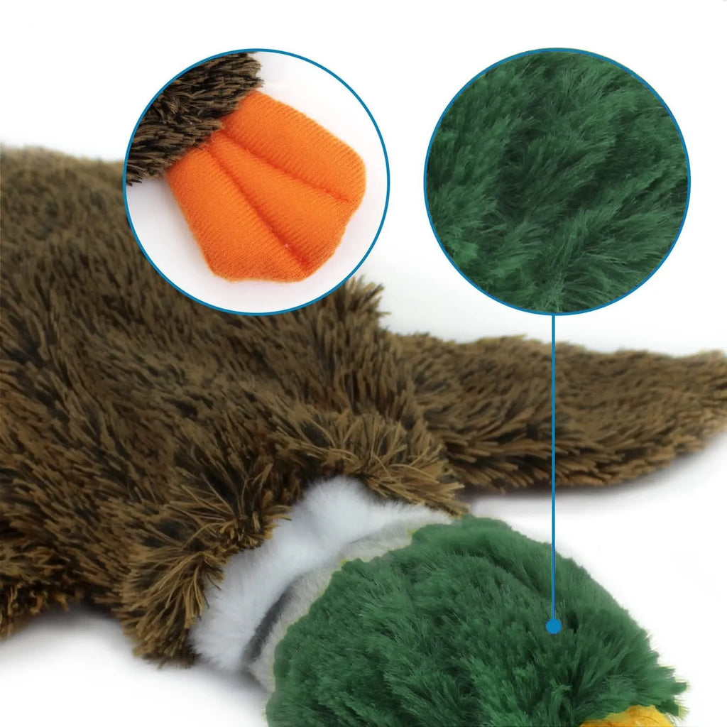 Green stuffless dog toy with squeakers and bottle insertion cavity