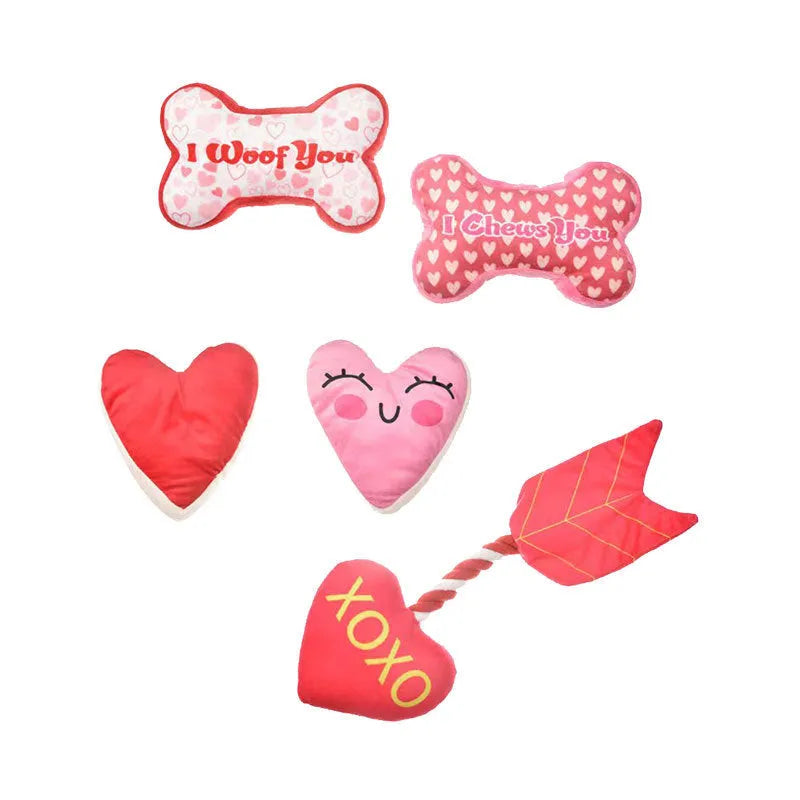Plush dog chew toy with vocaliser in bone powder, white, pink, or red colours.