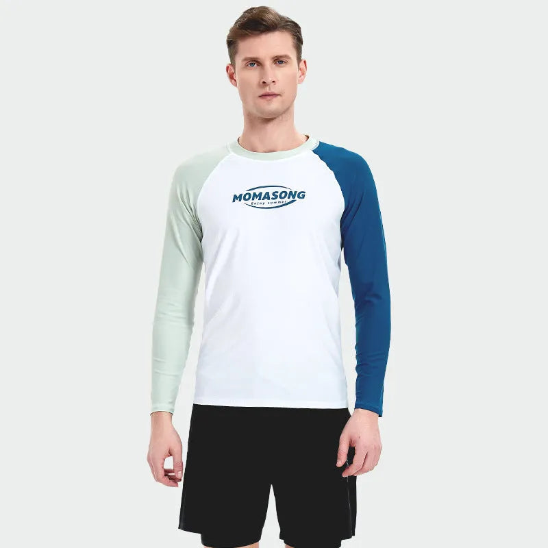 Men's white long-sleeved swimming top with matching double-layer beach swim trunks set