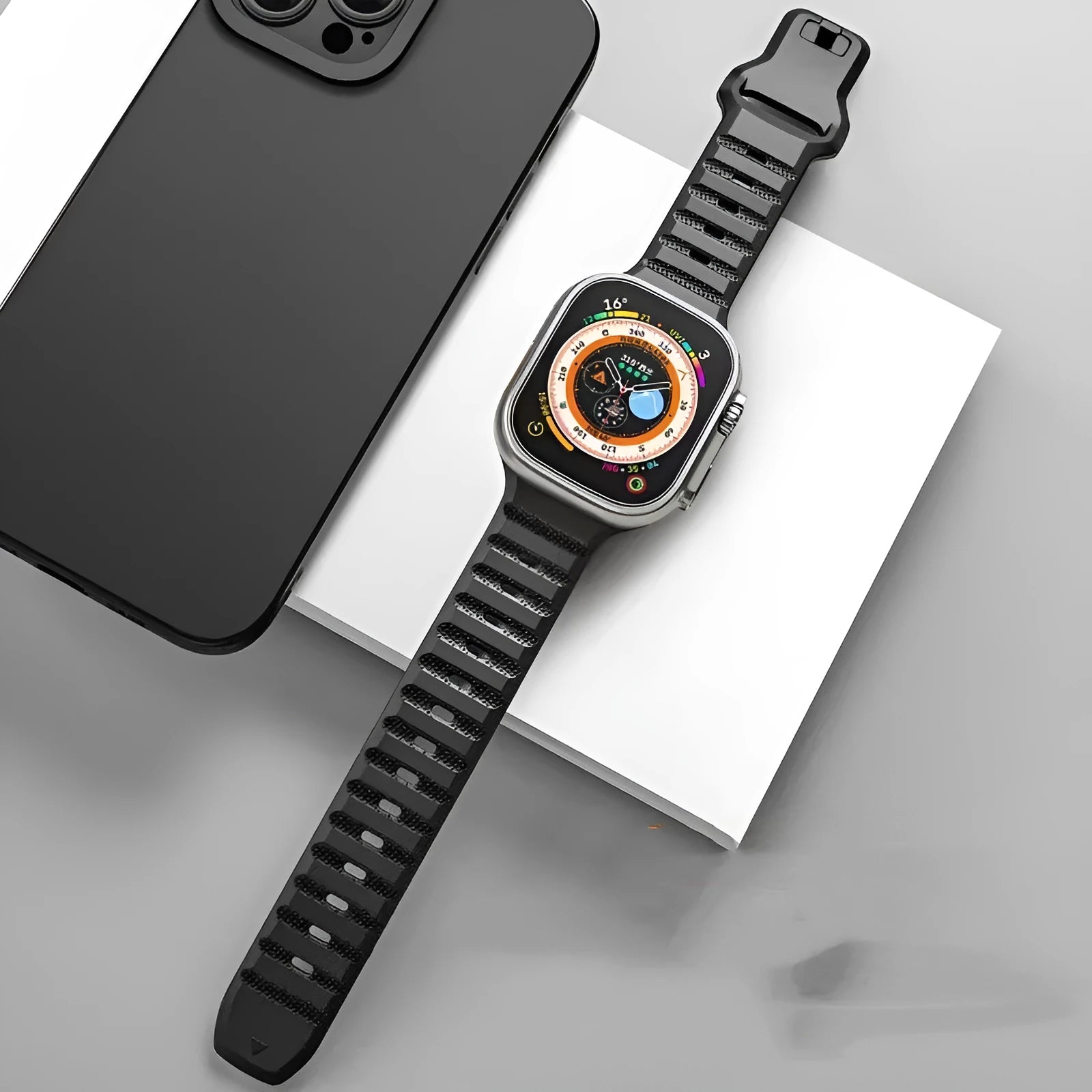 Fluoro rubber Apple Watch replacement band in multiple colours with T buckle closure.