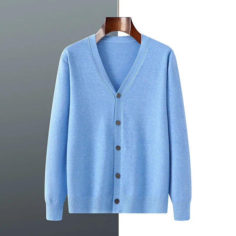 Men's V-neck cardigan coat in Andy velvet fabric showing loose fit and long sleeve design