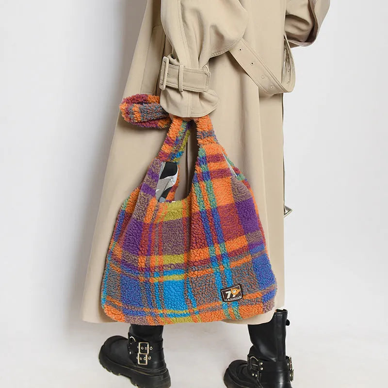 Women's plaid plush crossbody tote bag in Army Green, showing horizontal square shape and shoulder strap.