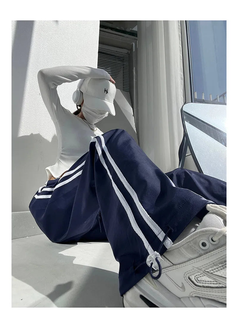 Women's ribbon parallel bars contrast colour loose straight slim draping trousers in thin fabric