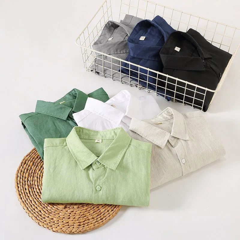 Long sleeve linen shirt in loose fit Chinese cardigan style available in seven colours