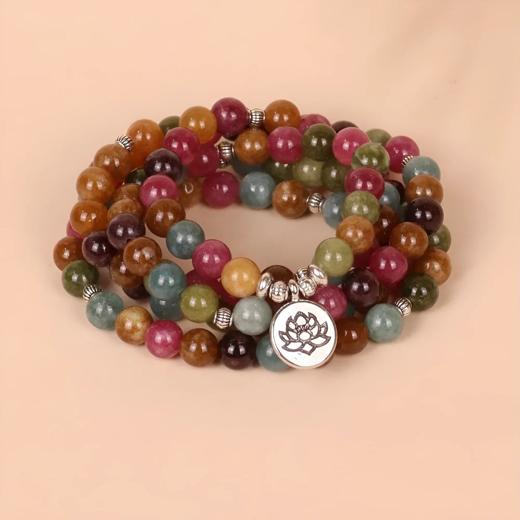 108 bead multi-layer bracelet with lotus charm in tourmaline colour alloy material