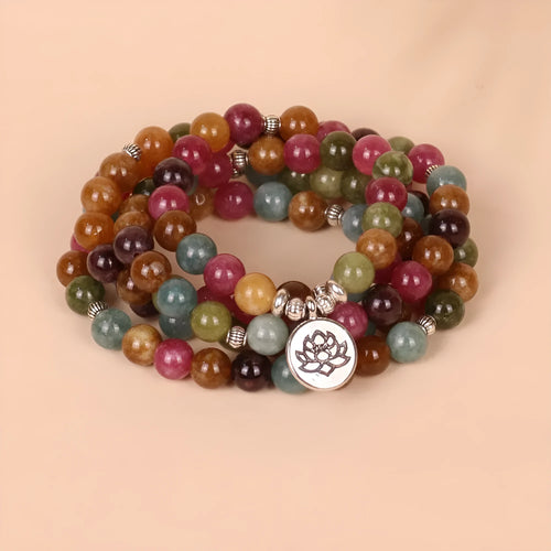 108 bead multi-layer bracelet with lotus charm in tourmaline colour alloy material