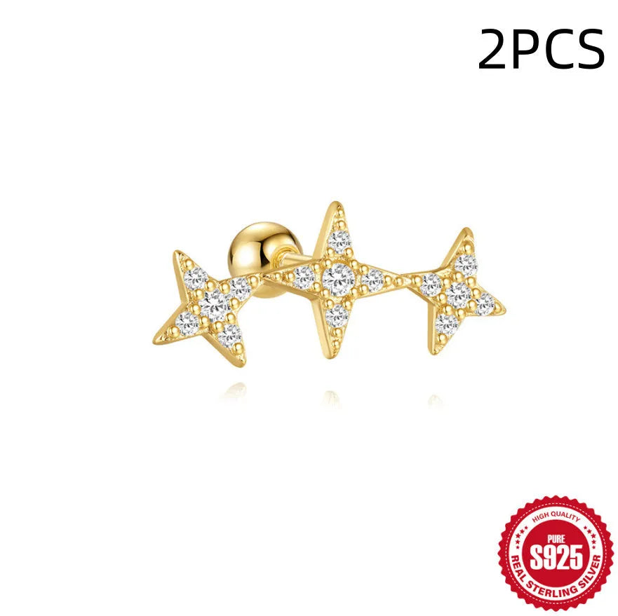 S925 sterling silver stud earrings with red square gravel stones and flower design in gold finish