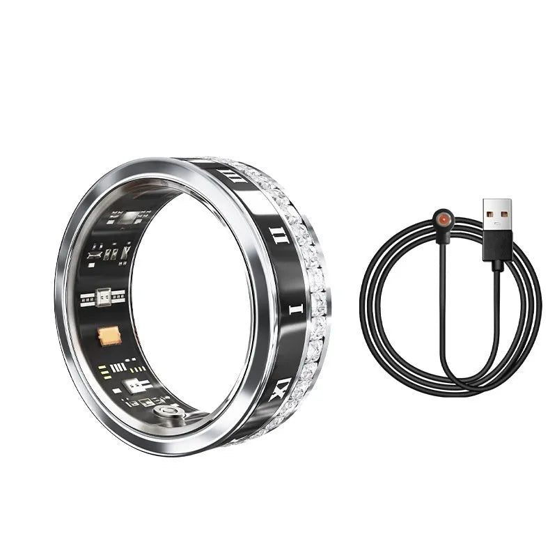 Diamond-inlaid smart ring in silver or gold with blood oxygen monitoring, shown with charging cable