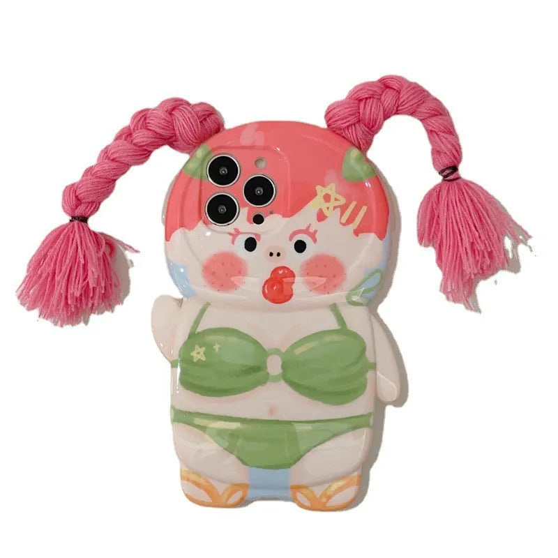 Pink and green silicone iPhone case with cartoon design of a girl in swimsuit with braids.
