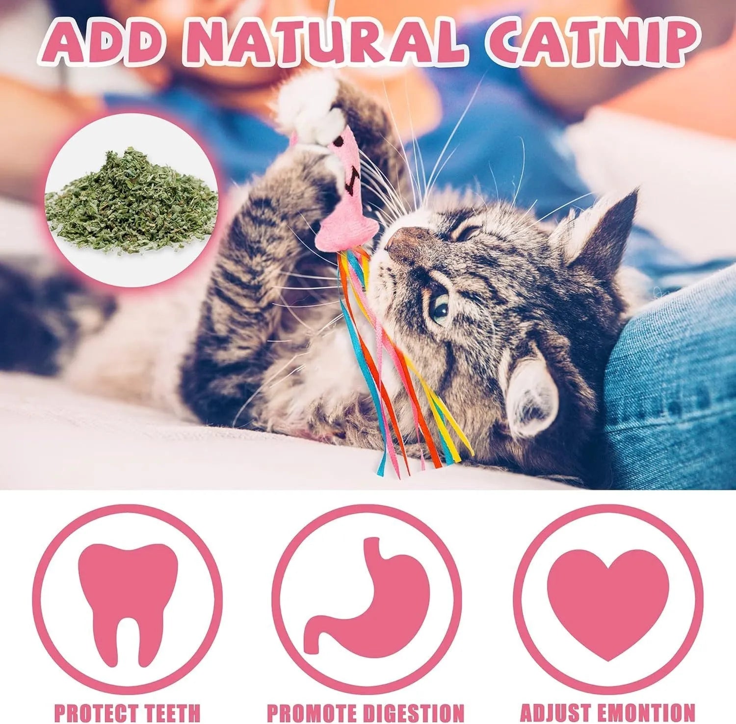 Interactive cat wand toy with wooden handle, colourful ribbons, catnip fish, and a bell.