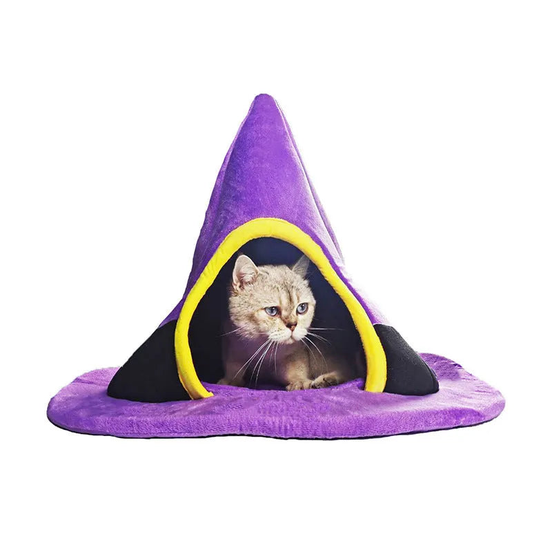 Purple cloth Halloween witch hat shaped cat bed nest measuring 60cm by 45cm