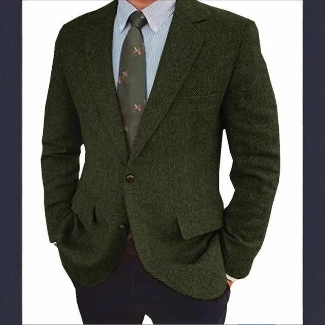 Men's brown herringbone business casual jacket with long sleeves and retro styling