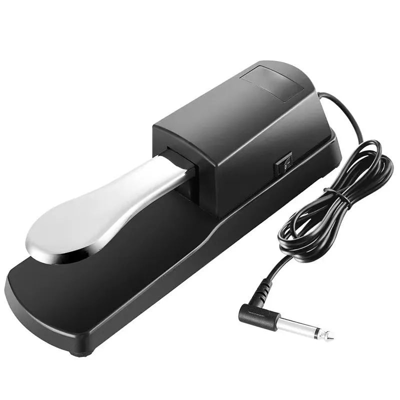 Black single leg sustain pedal for electronic keyboards on a flat surface.