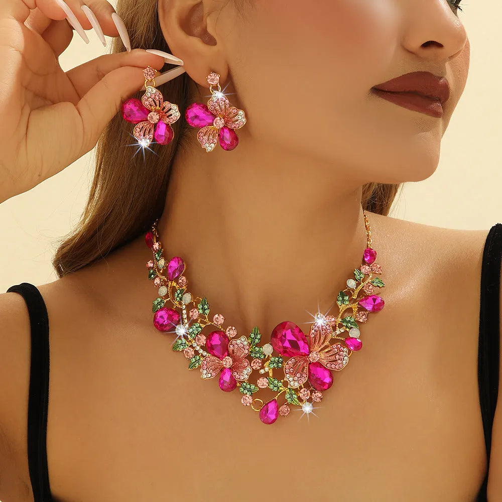 Alloy flower necklace and earrings suite set with electroplated finish in green, purple, and Rose Red colour options