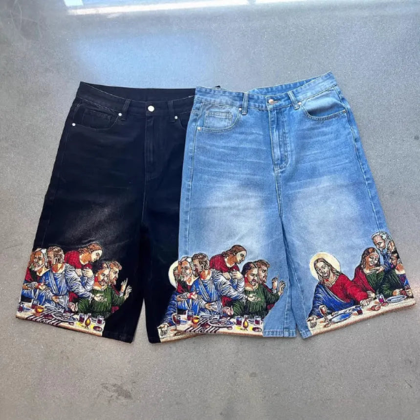 Men's cotton tapered shorts with Jesus printed back pocket detail in blue or black