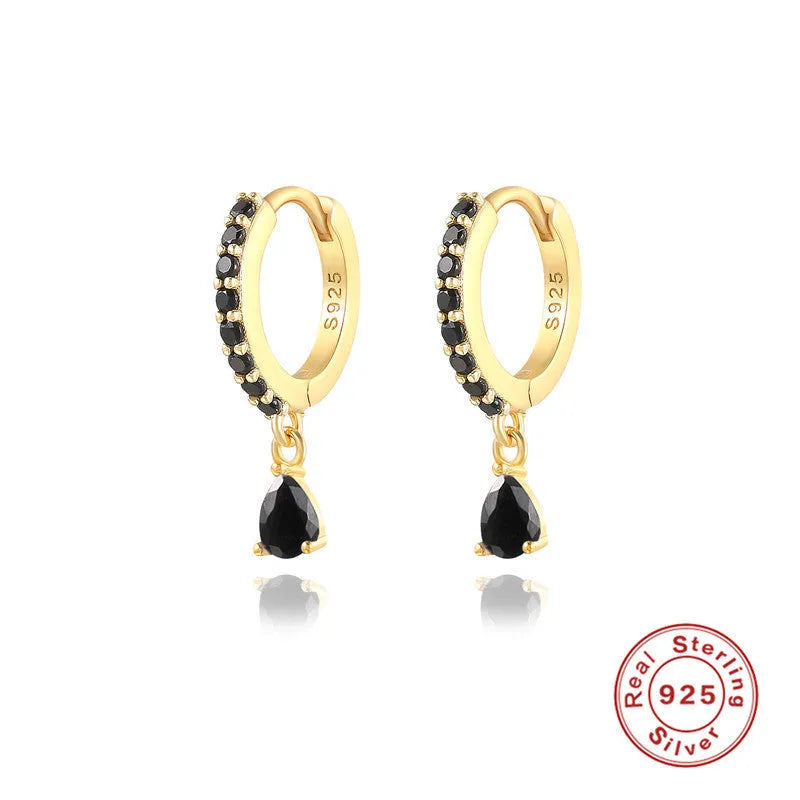 S925 sterling silver geometric water drop earrings with electroplated finish and gemstone accents