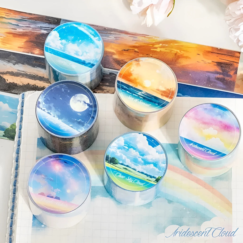 Roll of Japanese paper washi tape with sky theme designs showing colourful cloud pattern