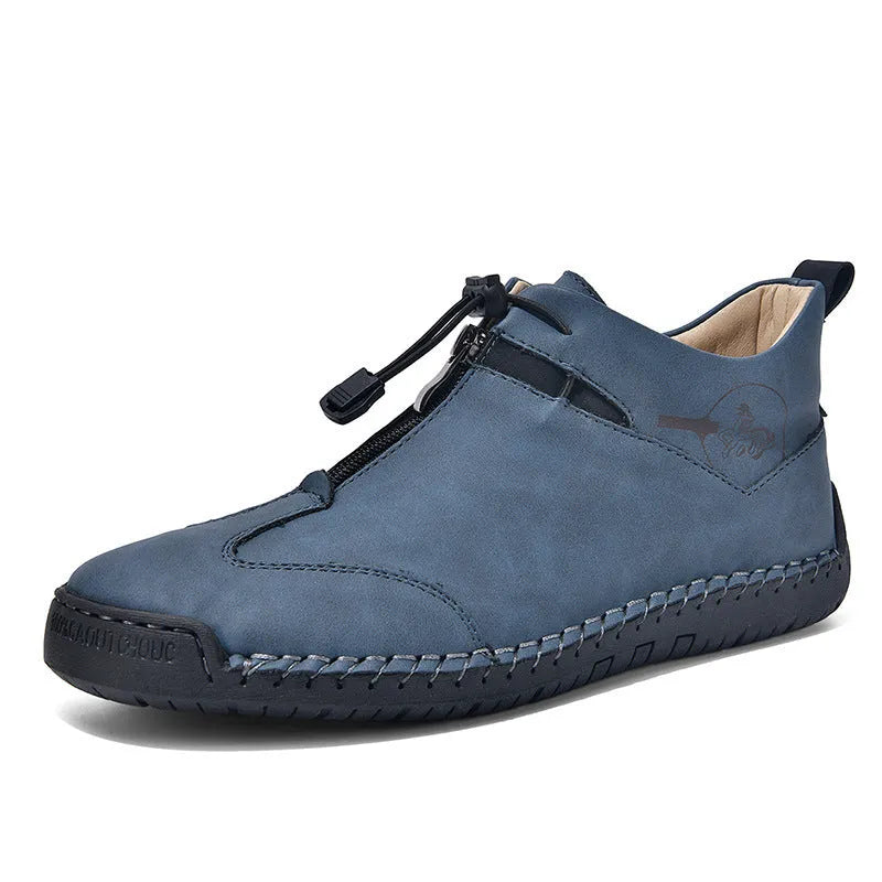 Men's green casual leather shoes with a round pointed toe and a mid-heel for height increase.
