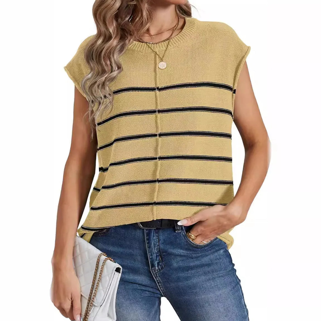 Women's striped sleeveless vest pullover with bone stitch detailing in acrylic knit fabric