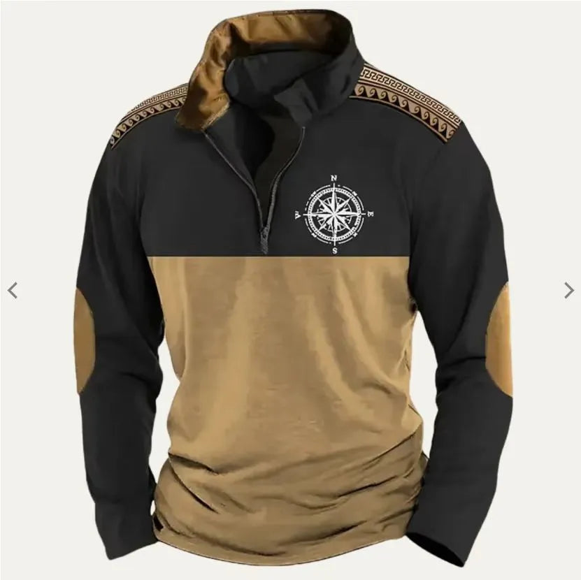 Digital print stand collar men's street zip-up hoodie in polyester air layer fabric loose fit
