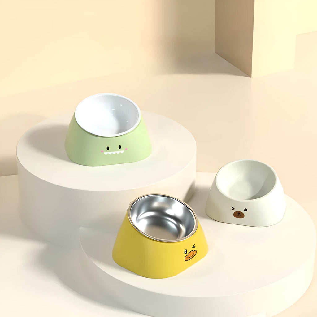 15-degree tilted cervical spine protection cat bowl in stainless steel and PP plastic with fall-resistant design
