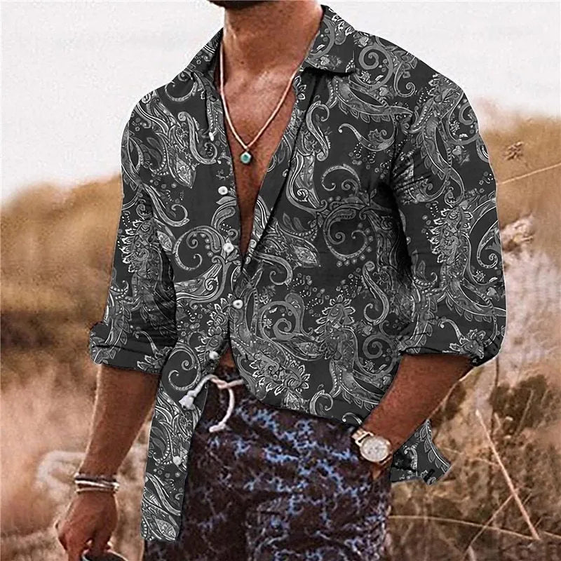 Men's loose-fit long-sleeve shirt with a detailed 3D floral pattern in a blue colour variant.