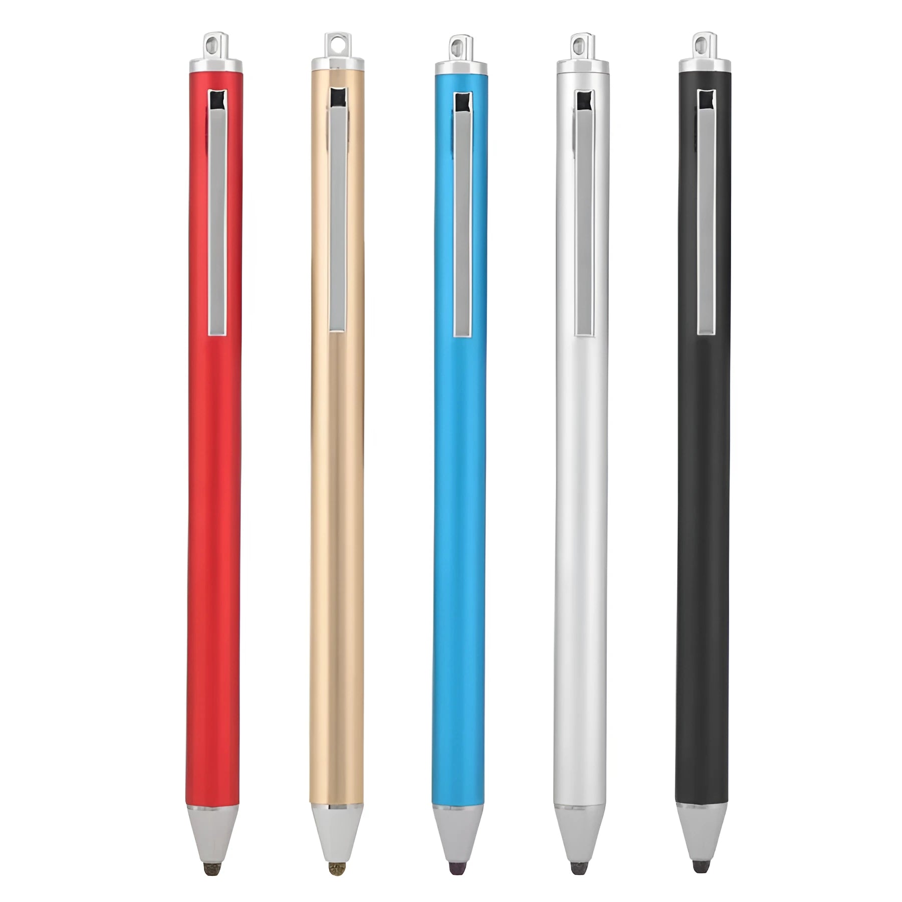 Fine tip metal stylus for tablet and phone drawing in black, silver, red, blue, gold, pink, or grey.