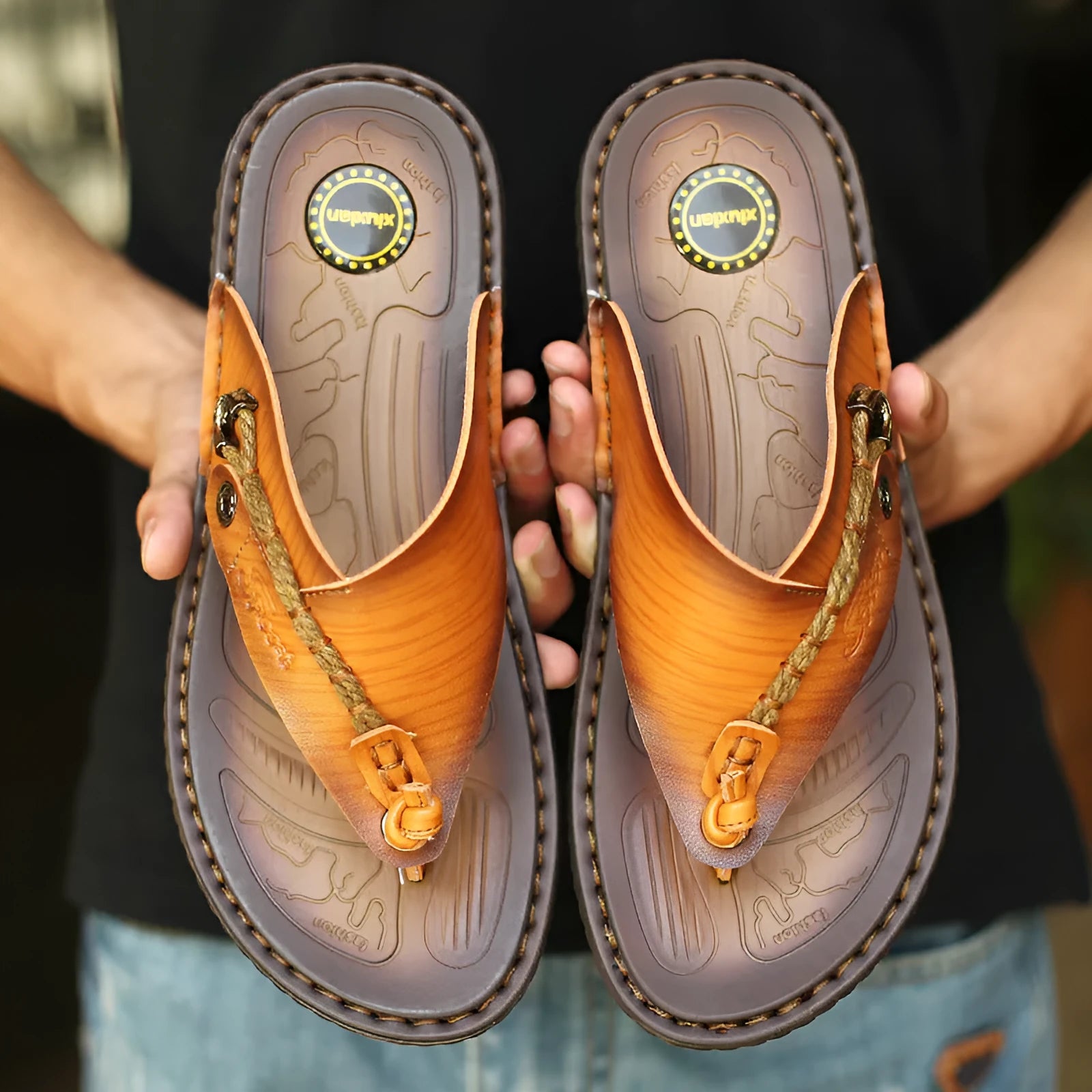 Men's dark blue herringbone pattern outdoor slippers with rubber sole and leather lining.