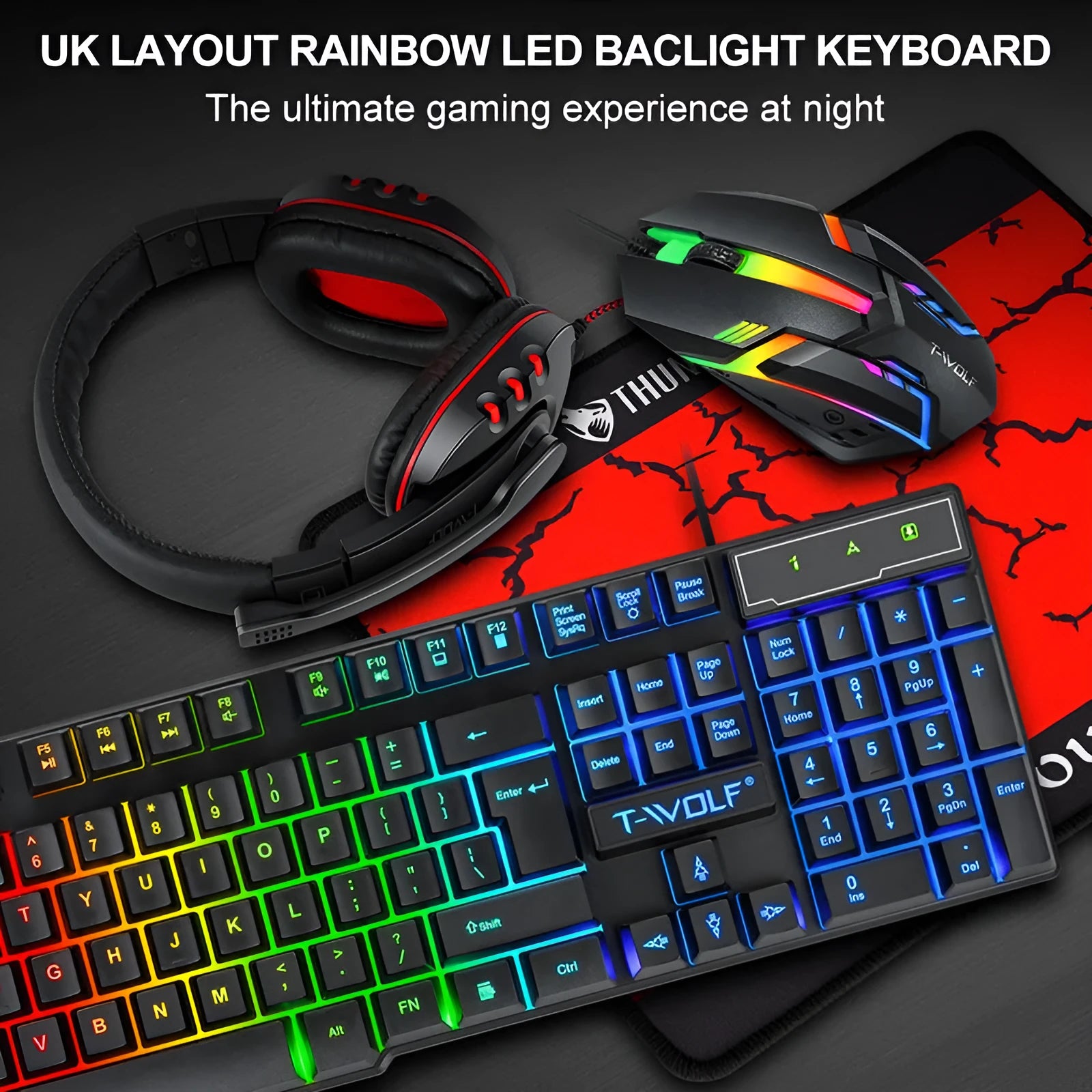 Thunder Wolf T800 wired computer peripheral bundle showing keyboard, mouse, headset, and mouse pad