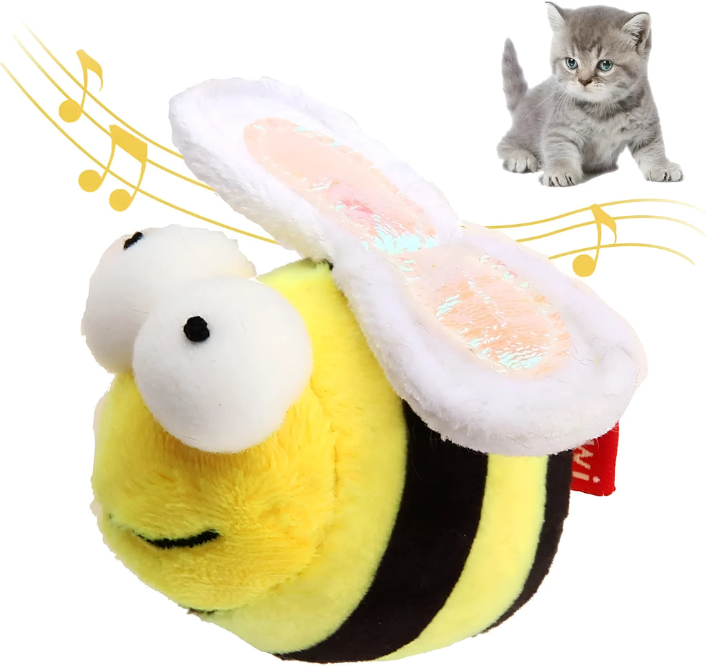 Yellow bee-shaped electronic cat toy with motion-activated squeaking sounds for interactive indoor play