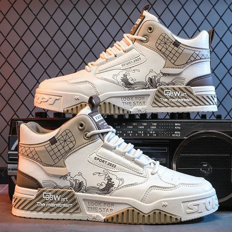 Men's beige high-top board shoes with mesh lining and rubber sole