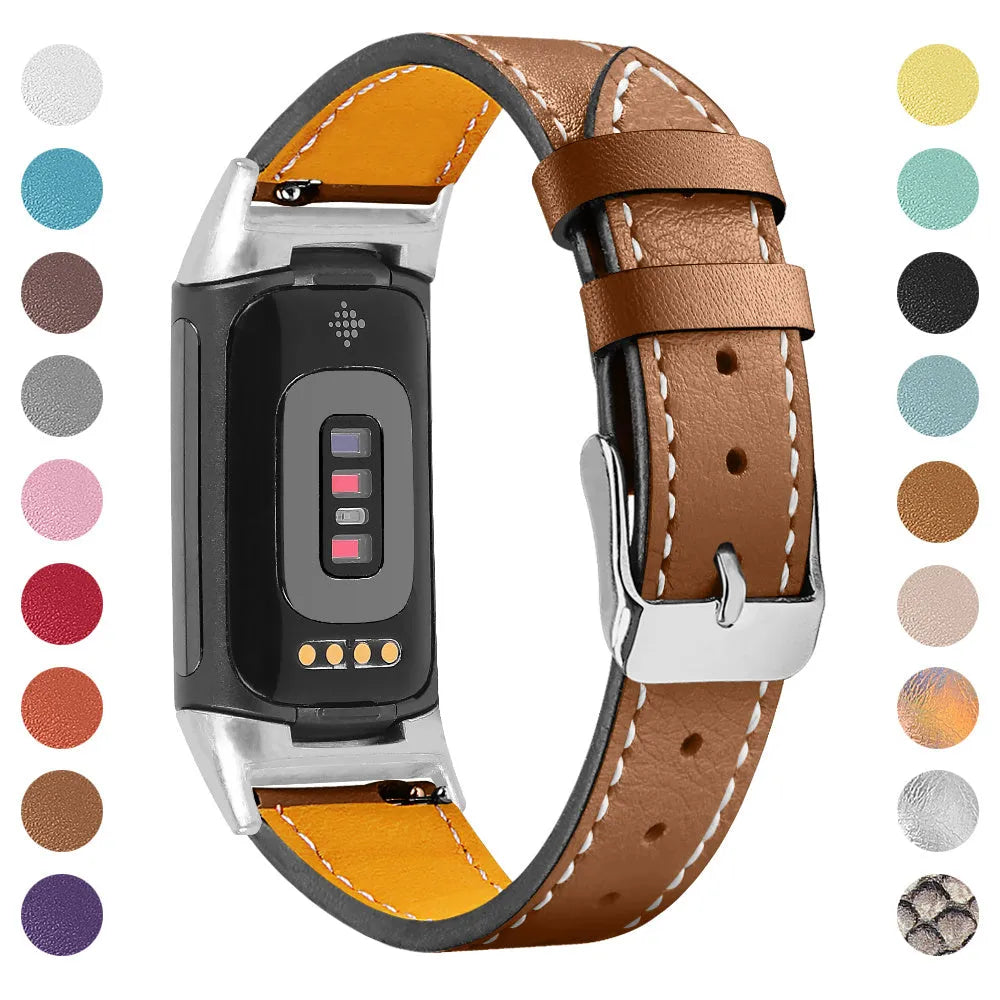 Genuine cowhide leather strap for Fitbit Charge 5 and Charge 6 smartwatch in multiple colour options.