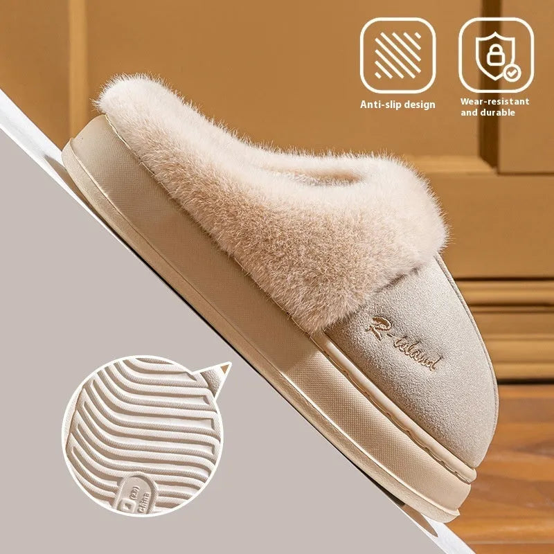 Fluffy winter slippers in gray with non-slip PVC sole, suitable for indoor home wear by men and women