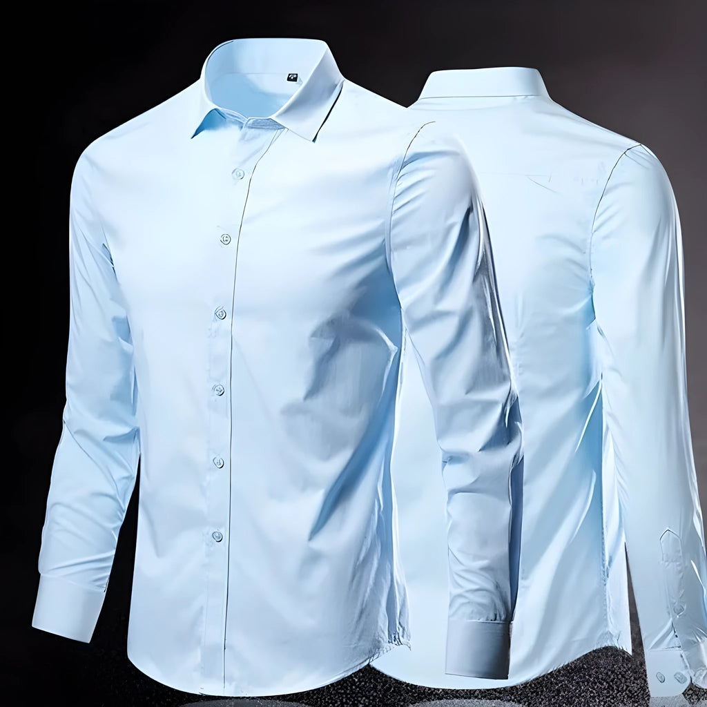 Man wearing a linen long sleeve slim fit shirt in a choice of 18 colours, showing the relaxed fit and sleeve detail.
