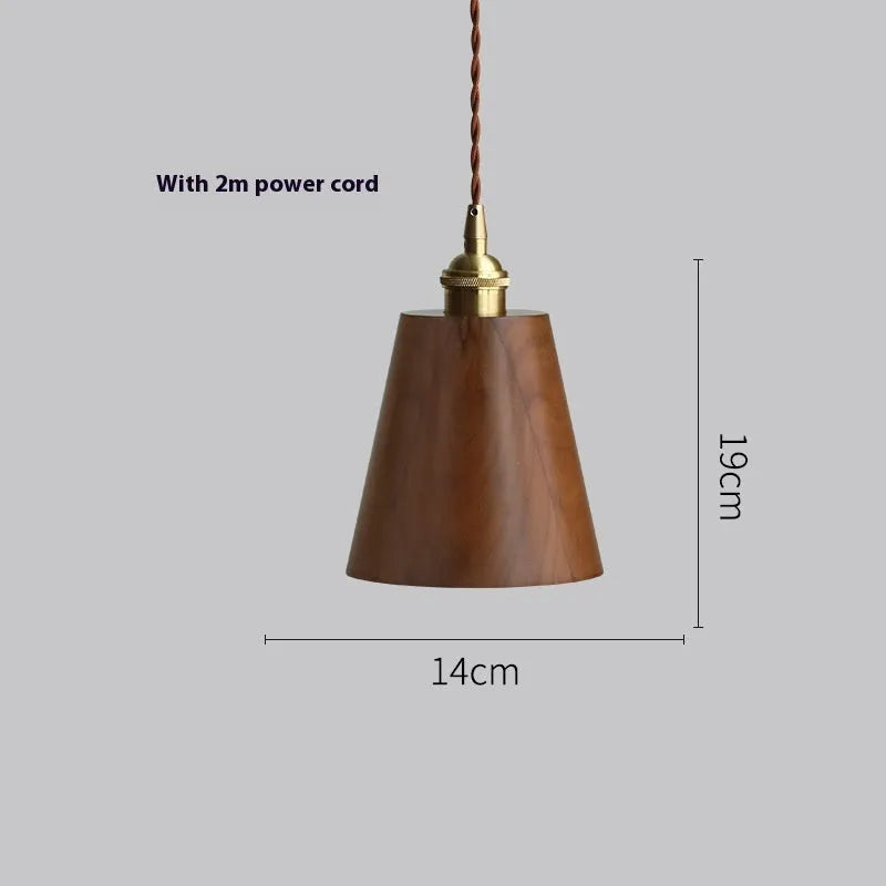 Single-head black walnut style droplight chandelier with copper wood art construction and E27 lamp holder.