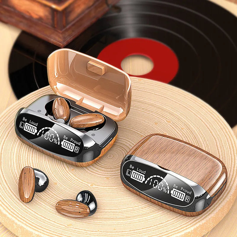 M35 wood grain Bluetooth wireless headset with charging case and cable