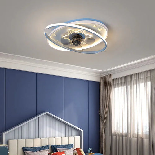 Modern children's bedroom ceiling fan chandelier with LED light and remote control in blue or pink finish