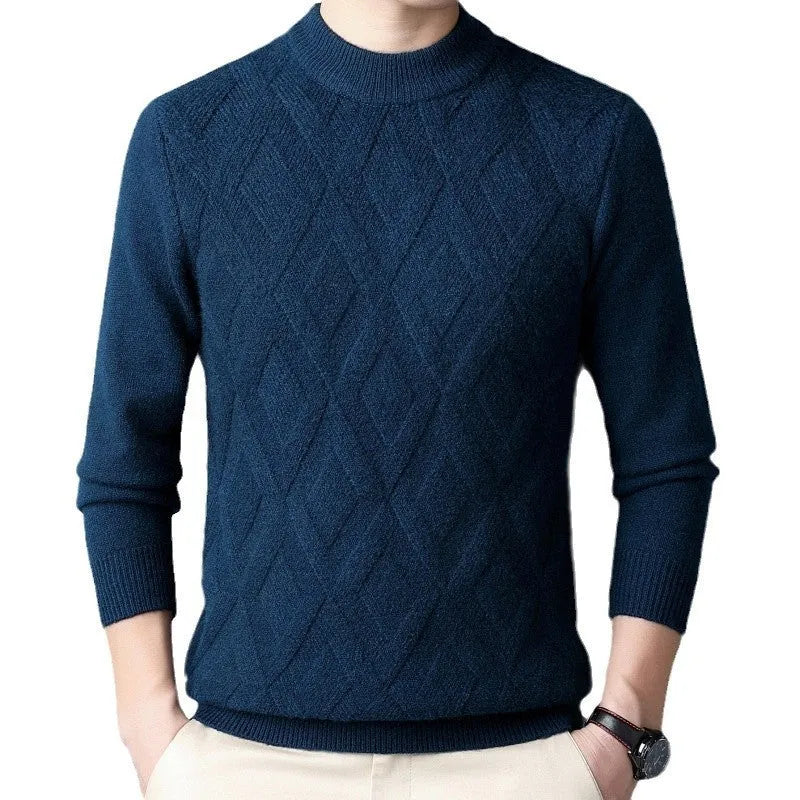 Men's thick diamond jacquard winter sweater in wool blend shown in light camel colour