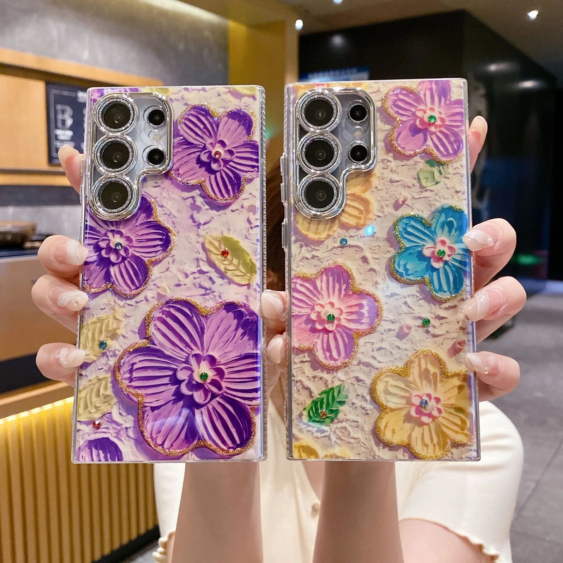 Luxury rhinestone oil painting flower phone case for Samsung with electroplating finish in blue on white background pattern