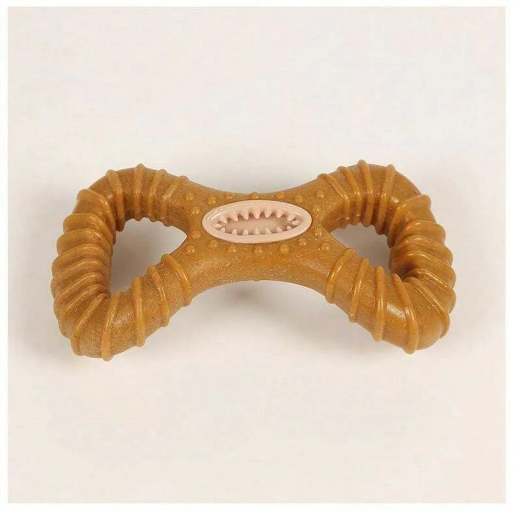 Two nylon dog chew bones showing 8 shape and Y shape designs for teeth cleaning