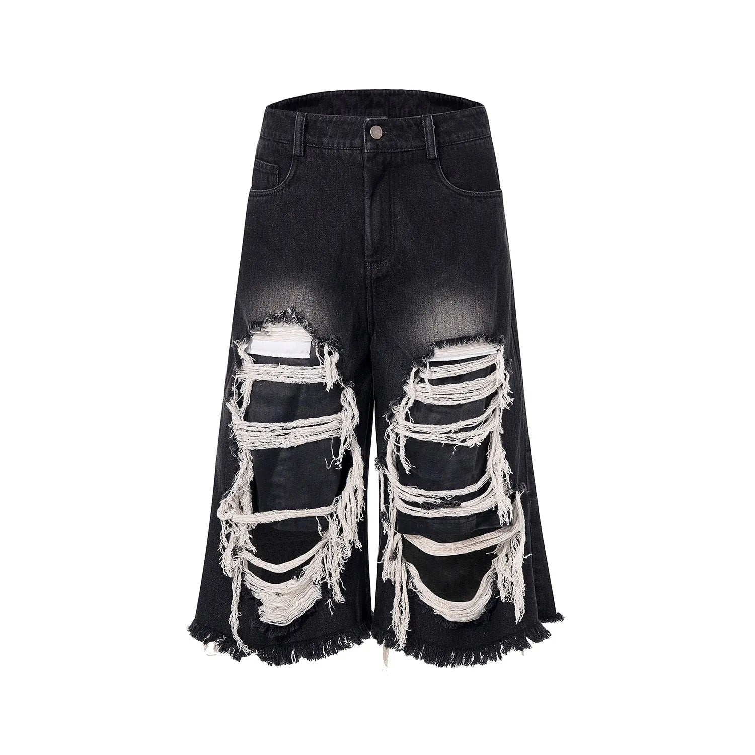 Black cropped wide-leg jeans with ripped patch detail on the leg, showing a mid-high waist and loose fit.