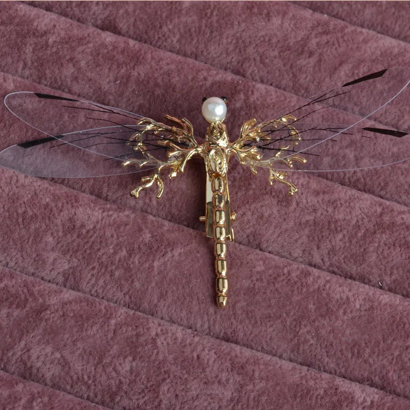Golden dragonfly side clip headdress for women with alloy metal construction